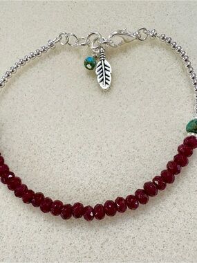Deep Red Garnet and Turquoise Beaded Bracelet with Silver Leaf Charm